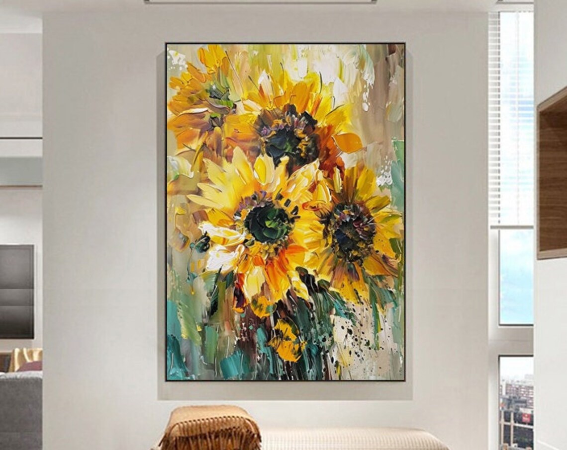 Bright Yellow Sunflower Bouquet in Impasto Oil Painting Poster