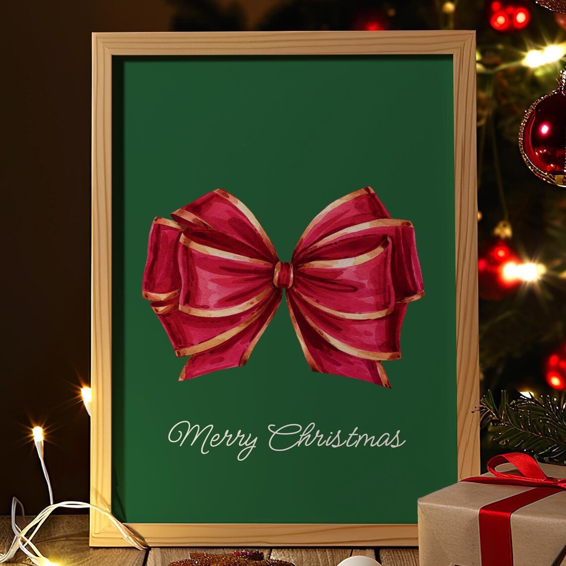 Merry Christmas Red Gold Bow Green Background Holiday Poster - Image 8