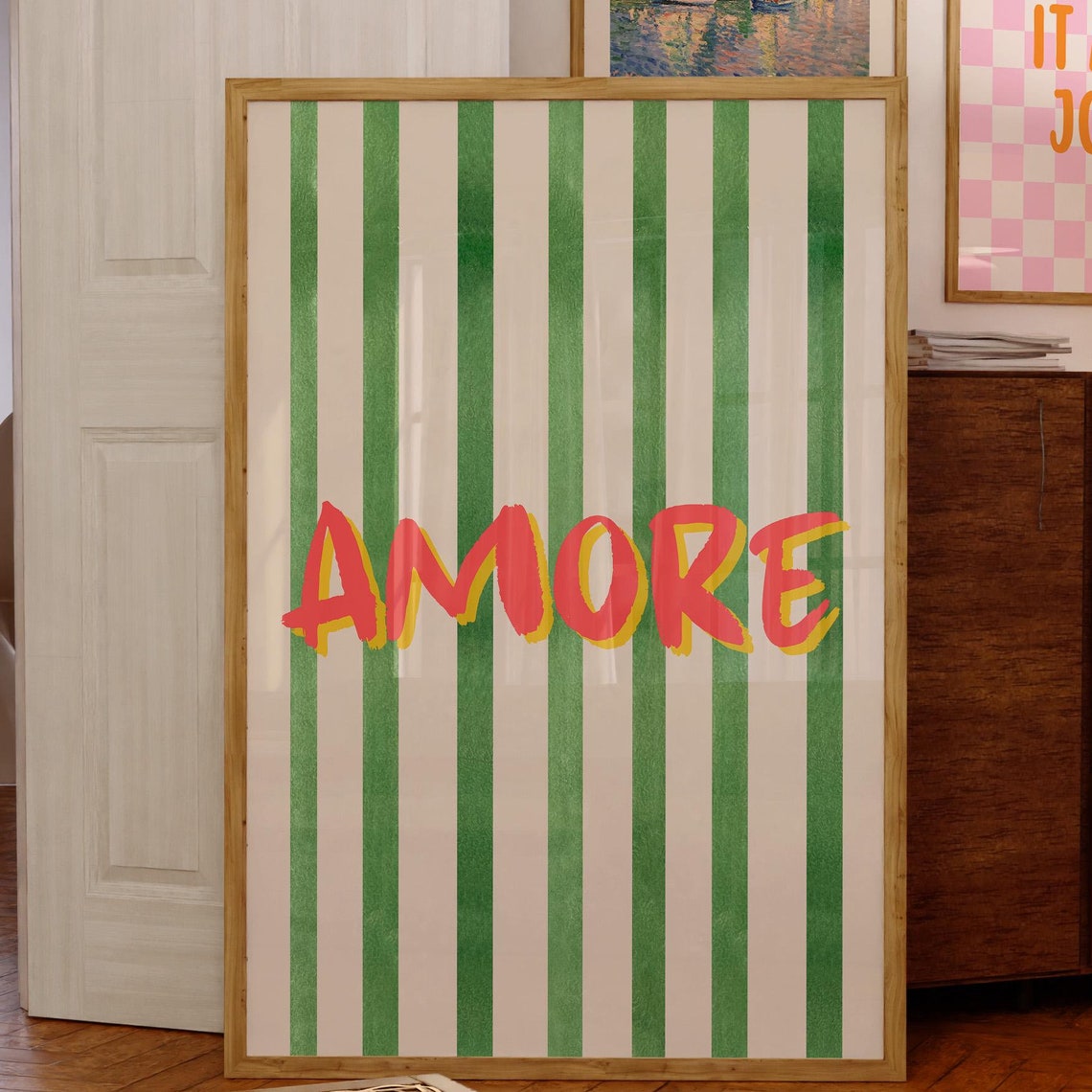 Amore Green Striped Retro Italian Typography Love Wall Poster