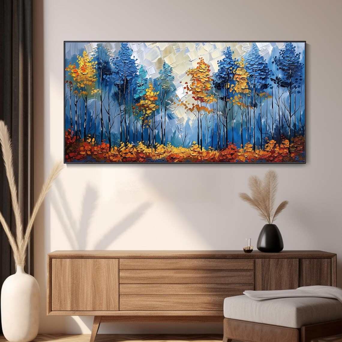 Blue Yellow Abstract Forest Palette Knife Art Print - Image 2