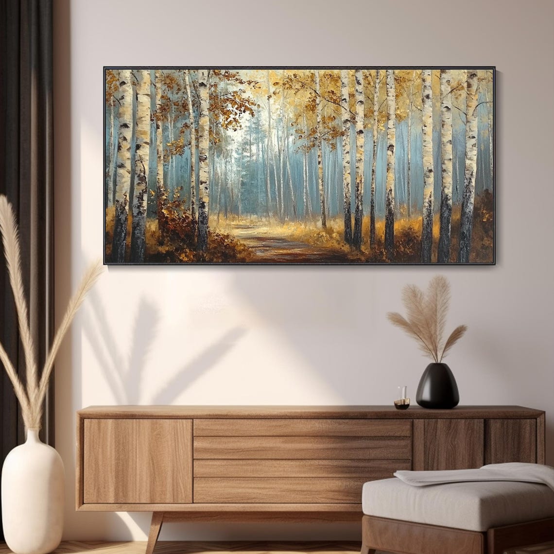 Golden Birch Forest Autumn Path Misty Woodland Landscape Wall Art - Image 3