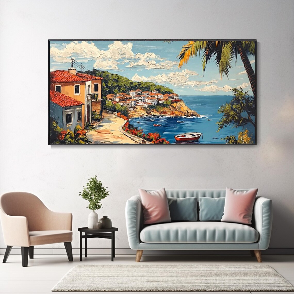 Mediterranean Coastal Village Cliff Terracotta Roofs Boats Textured Travel Poster - Image 3