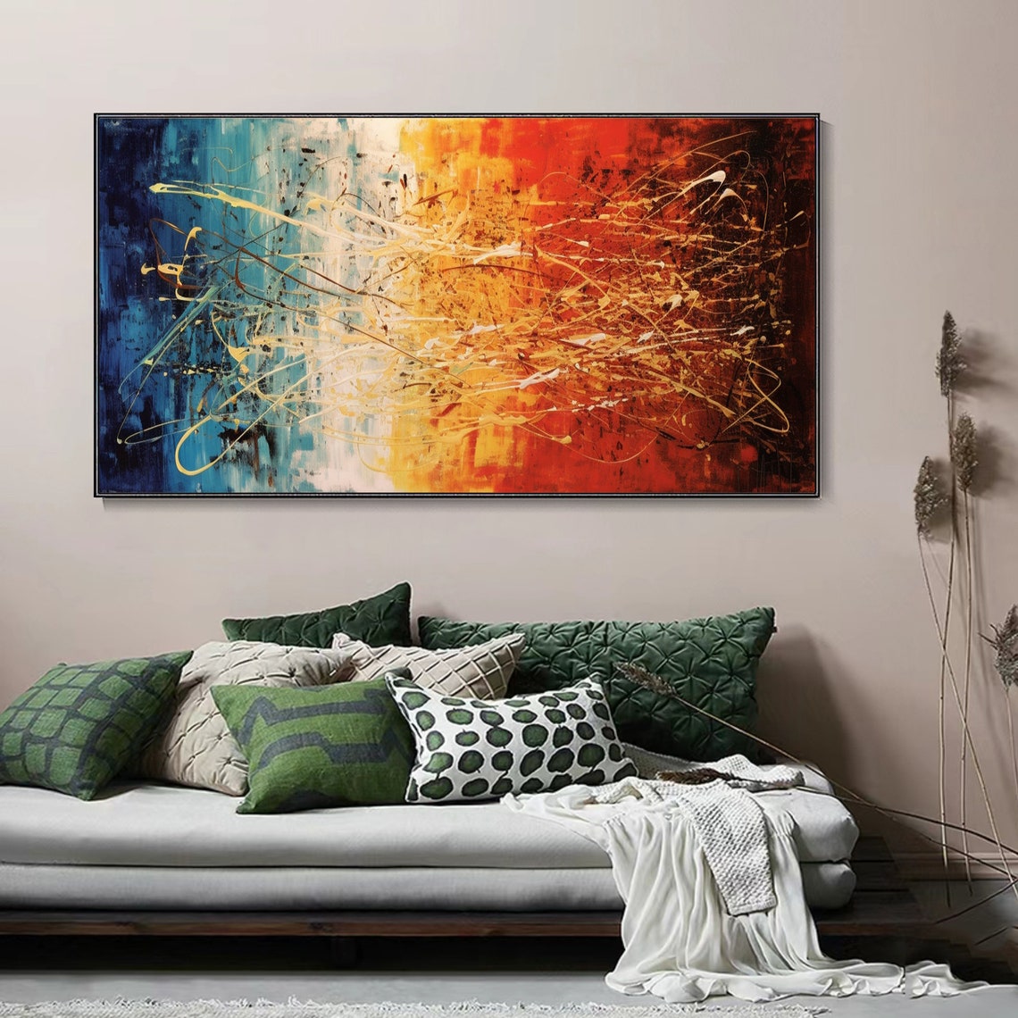 Abstract Blue Orange Gradient Gold Line Strokes Modern Wall Art - Image 3