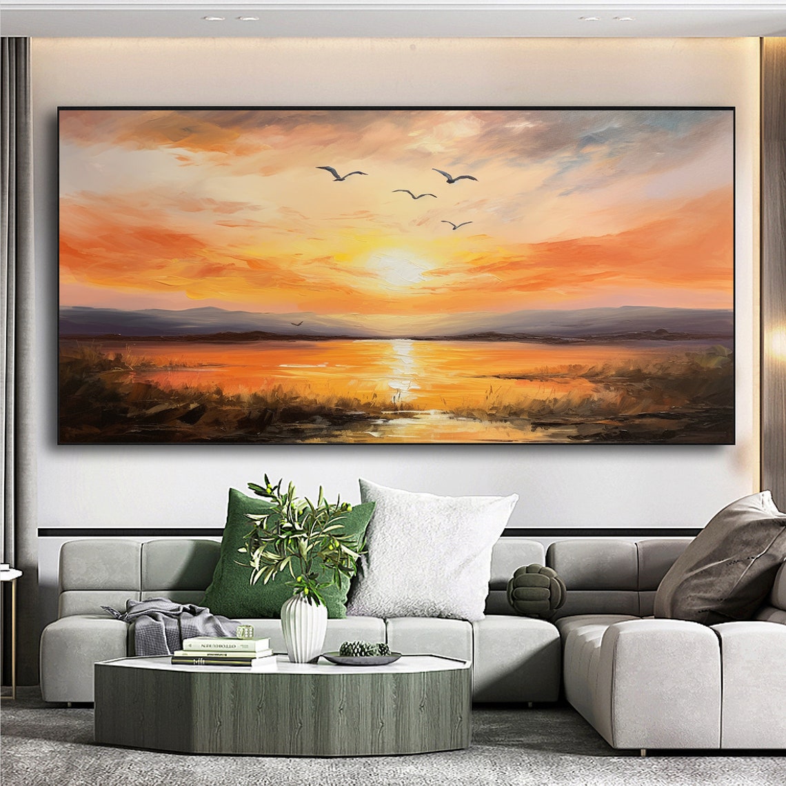 Lake Sunset Flying Birds Orange Sky Calm Water Landscape Wall Art - Image 2
