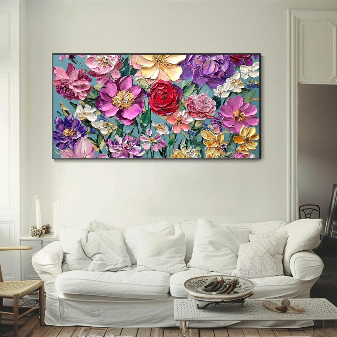 Lush Pink Purple Floral Garden Teal Background Impasto Wall Art - Image 4