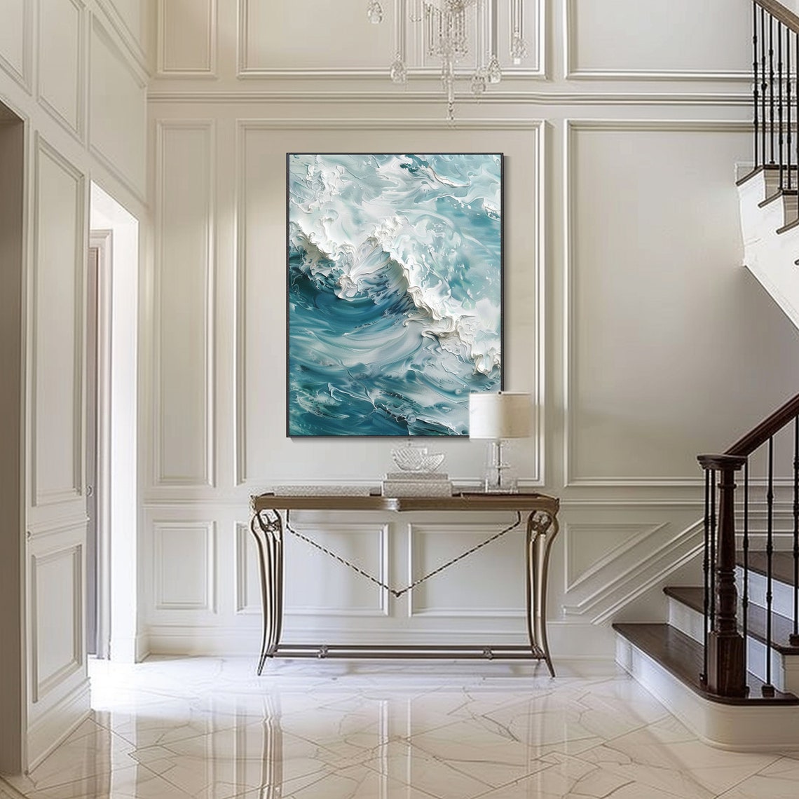 Teal Ocean Wave Swirl White Foam Textured Seascape Power Wall Art - Image 3