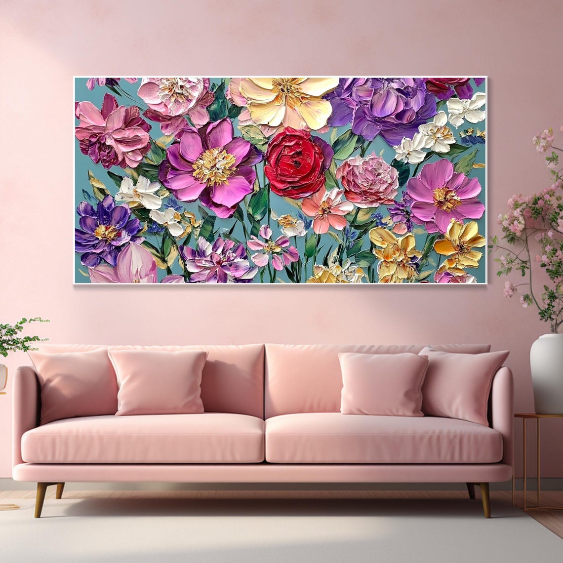 Lush Pink Purple Floral Garden Teal Background Impasto Wall Art - Image 2