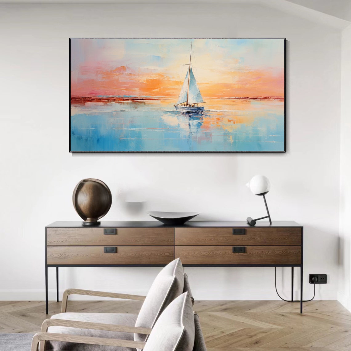 Lone Sailboat Sunrise Calm Sea Pastel Sky Minimalist Wall Art - Image 2
