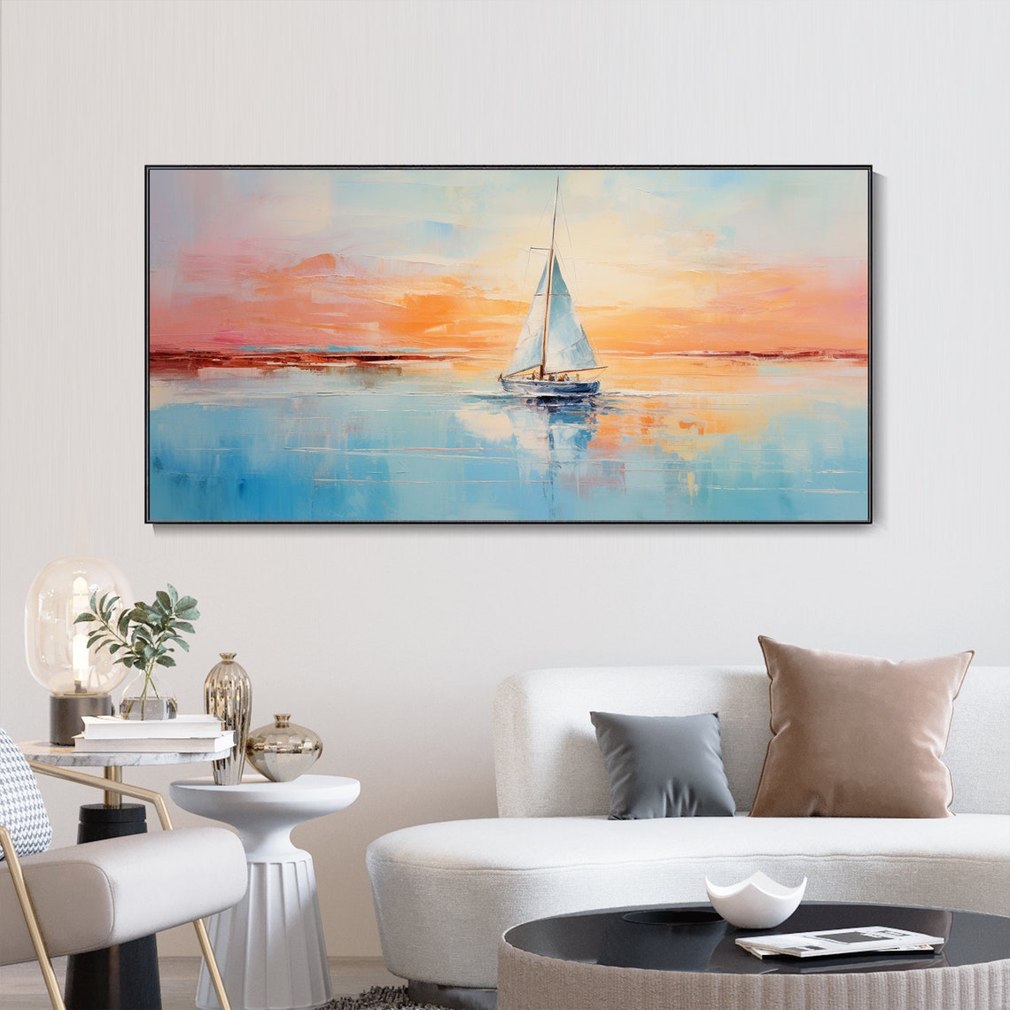 Lone Sailboat Sunrise Calm Sea Pastel Sky Minimalist Wall Art - Image 3