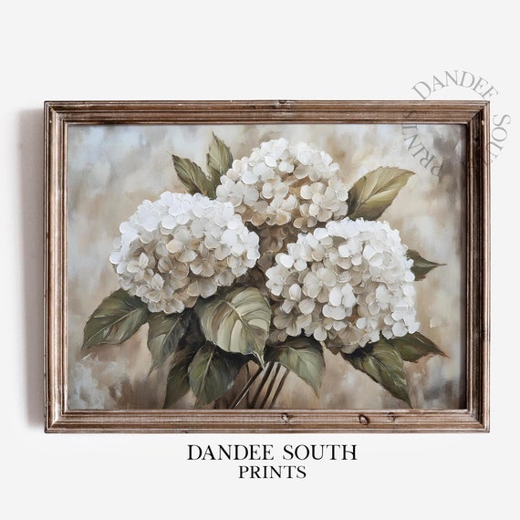 White Hydrangea Oil Painting Wall Art Floral Farmhouse Decor Vintage Botanical Neutral 039