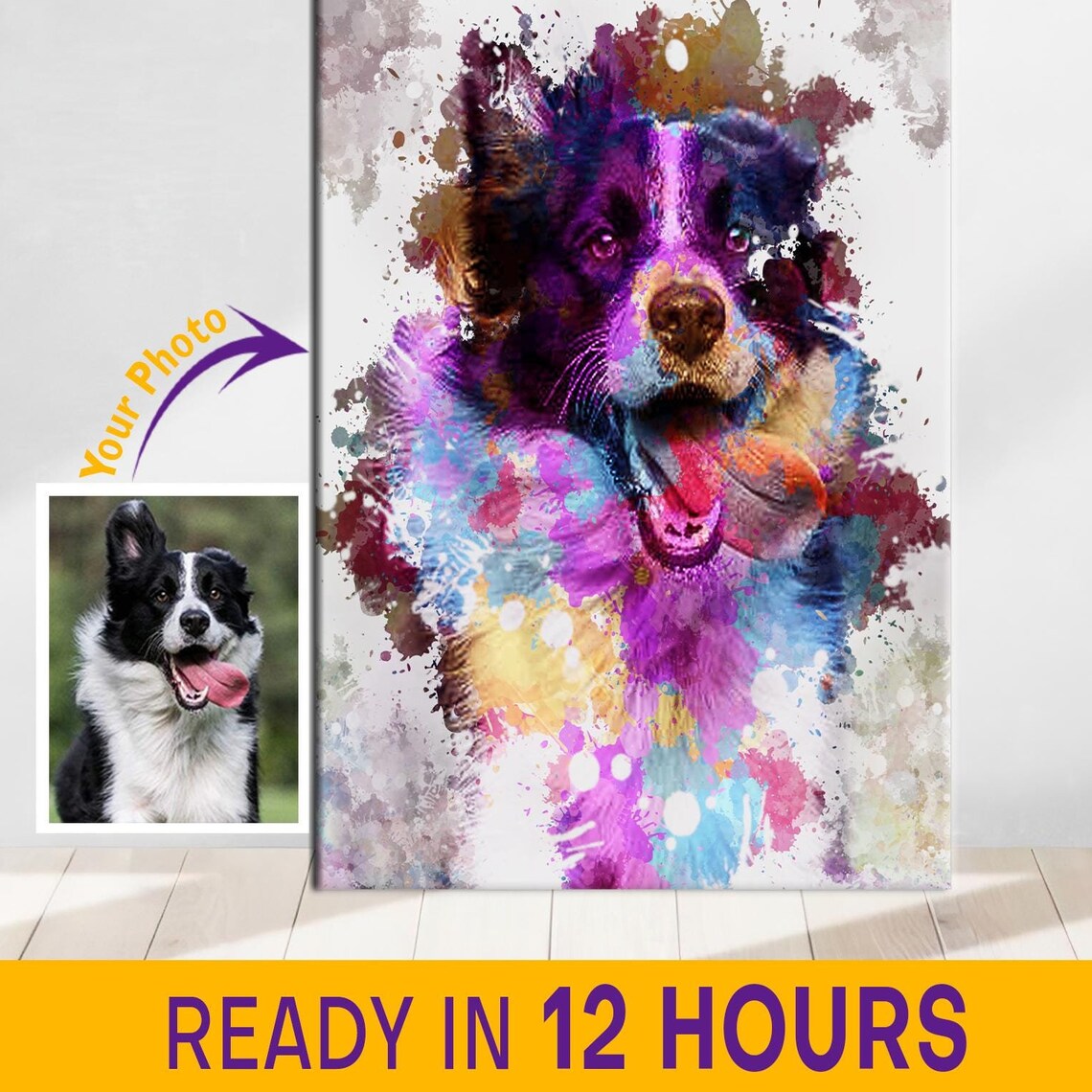 Custom Pet Portrait From Photo Colorful Watercolor Dog Gift Poster