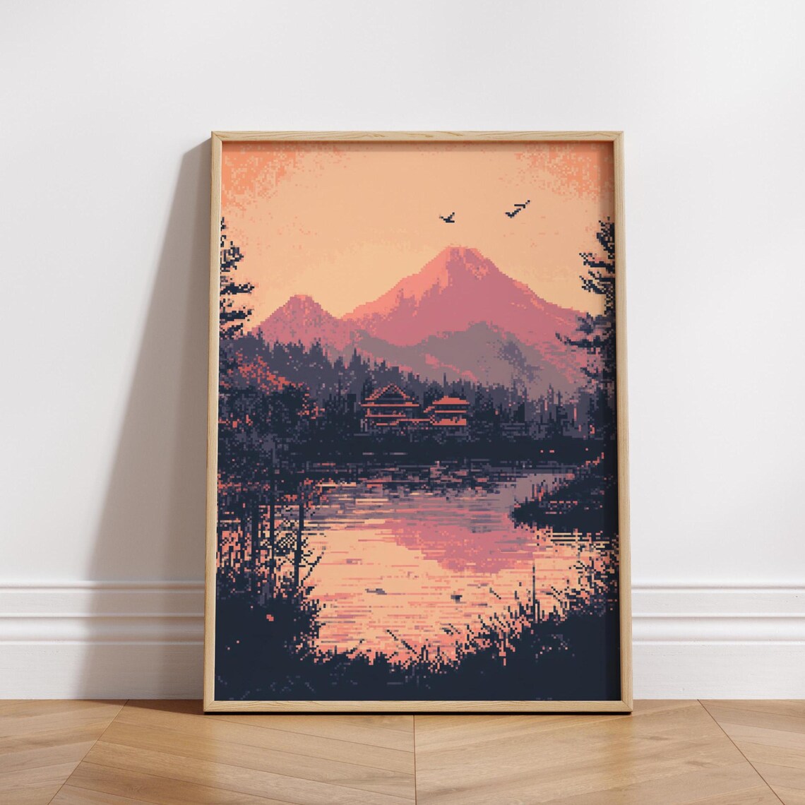 Pixel Art Mountain Sunset Poster 8bit Landscape Print With Lake Reflection Retro Gaming Wall Decor