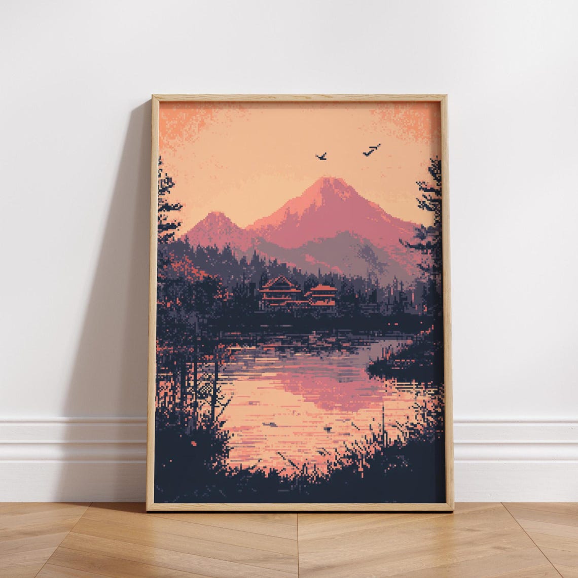 Retro 8 Bit Pixel Mountain Lake Sunset Pagoda Scene Wall Art