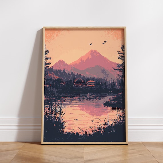 Pixel Art Mountain Sunset Poster 8bit Landscape Print With Lake Reflection Retro Gaming Wall Decor