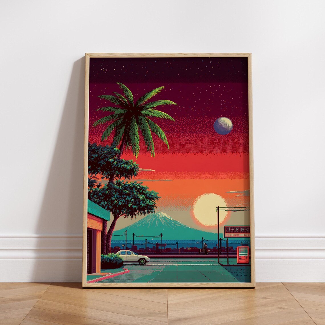 8 Bit Vaporwave City Poster, Retro Pixel Art