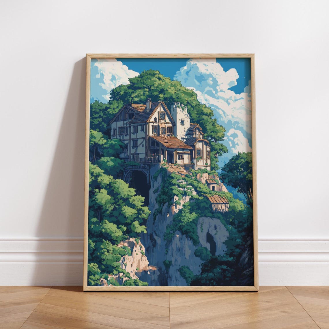 Anime Cliffside Cottage On Rocky Peak Lush Green Landscape Poster