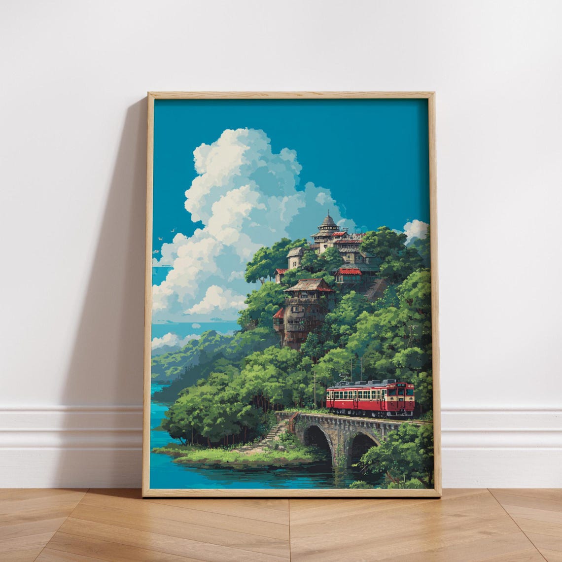 Pixel Art Red Train Bridge Poster 8-Bit Hilltop Village Scene