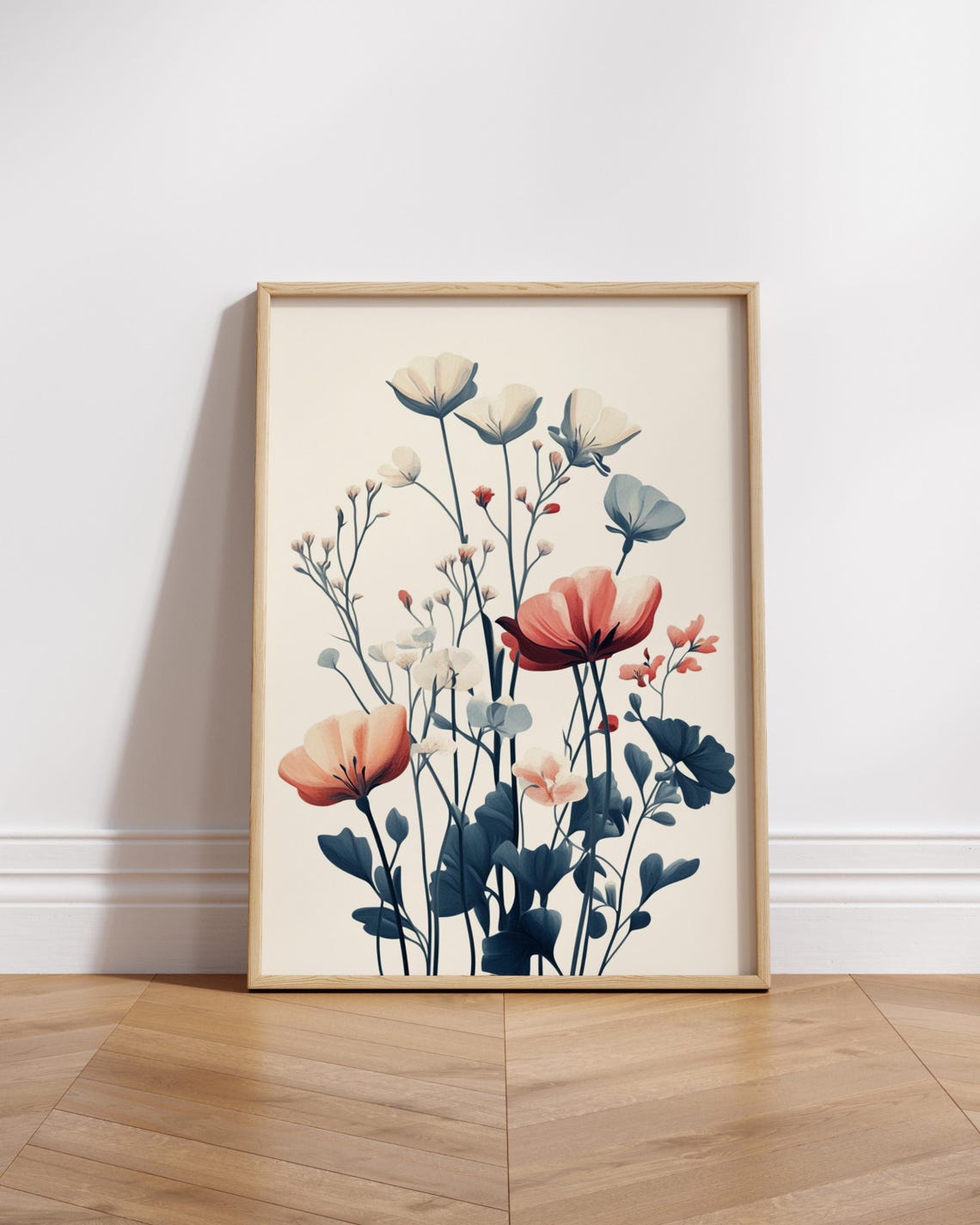 Wildflower Poppy Botanical Illustration Cream Navy Coral Poster
