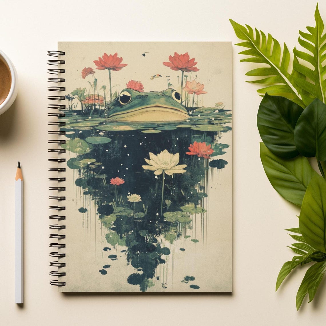Whimsical Frog Lotus Pond Spiral Notebook Cover Nature Poster
