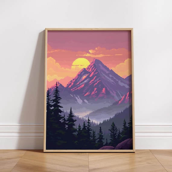 Scenic 8bit Matte Poster Art Prints Mountain Landscape Decor Nature Wall Adventure Gift Home Office