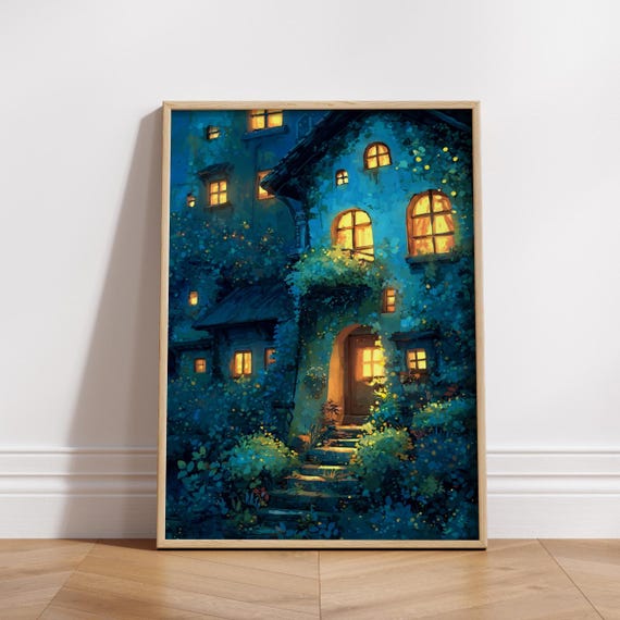 Whimsical Cottage Poster, Glowing Window Fairy House