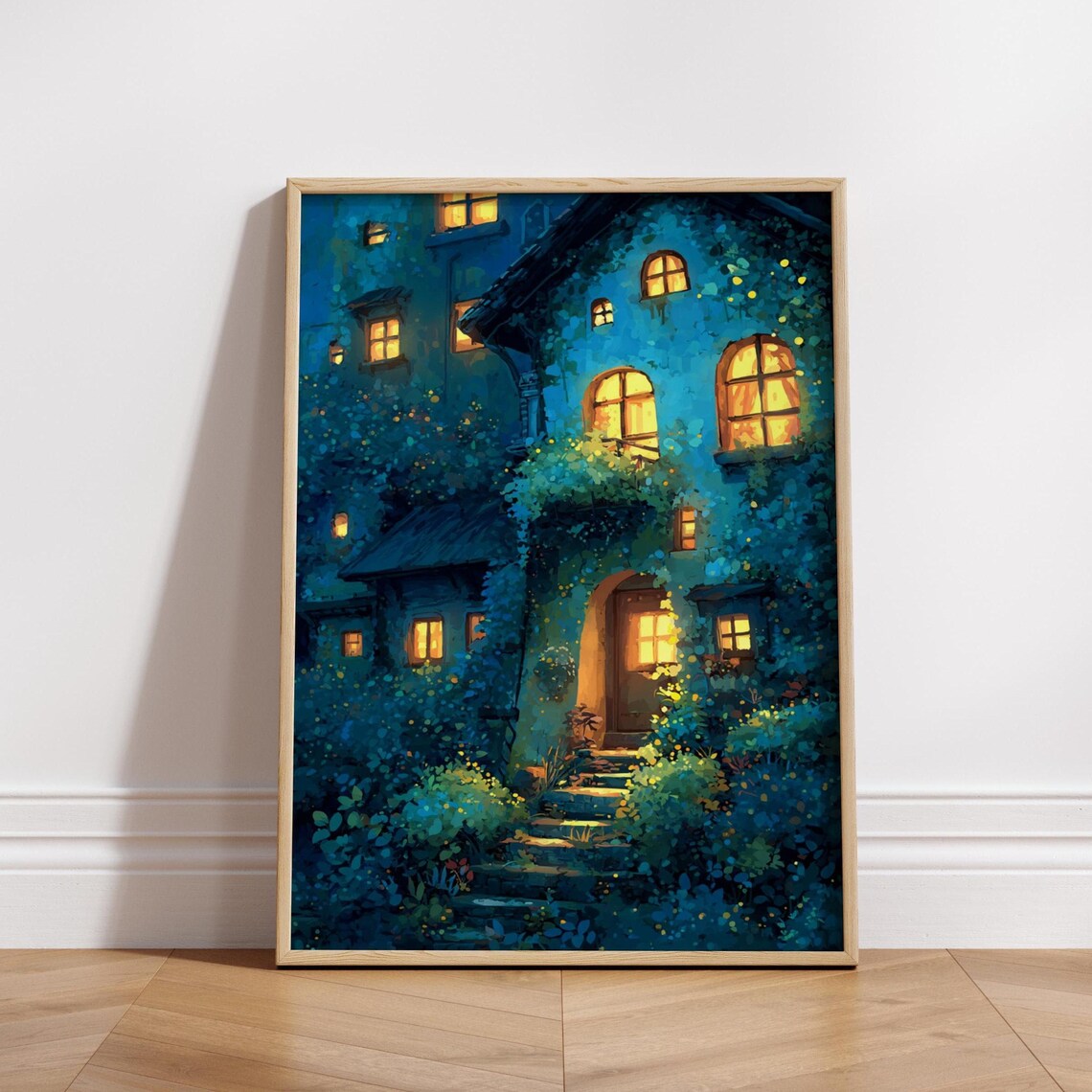 Whimsical Cottage Poster, Glowing Window Fairy House