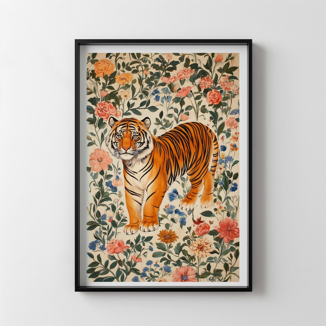 Tiger Standing in Blooming Floral Vines Indian Style Animal Art Poster - Image 2