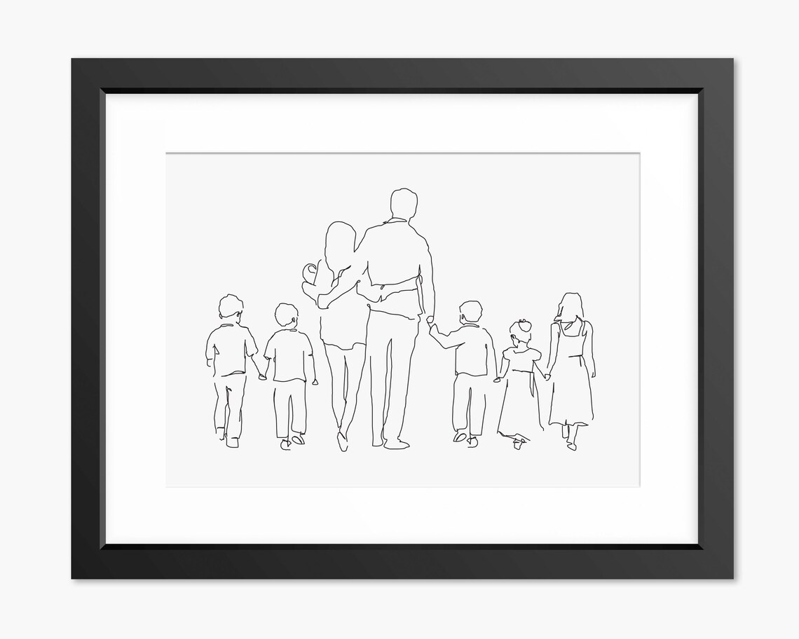 Large Family of Seven Walking Away Minimalist Line Art Poster