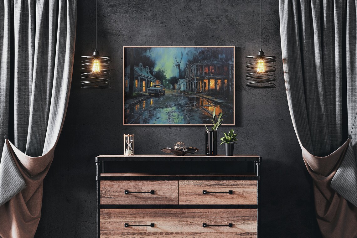 Louisiana Rainy Night Street Old Car Glowing Windows Oil Painting Poster - Image 3