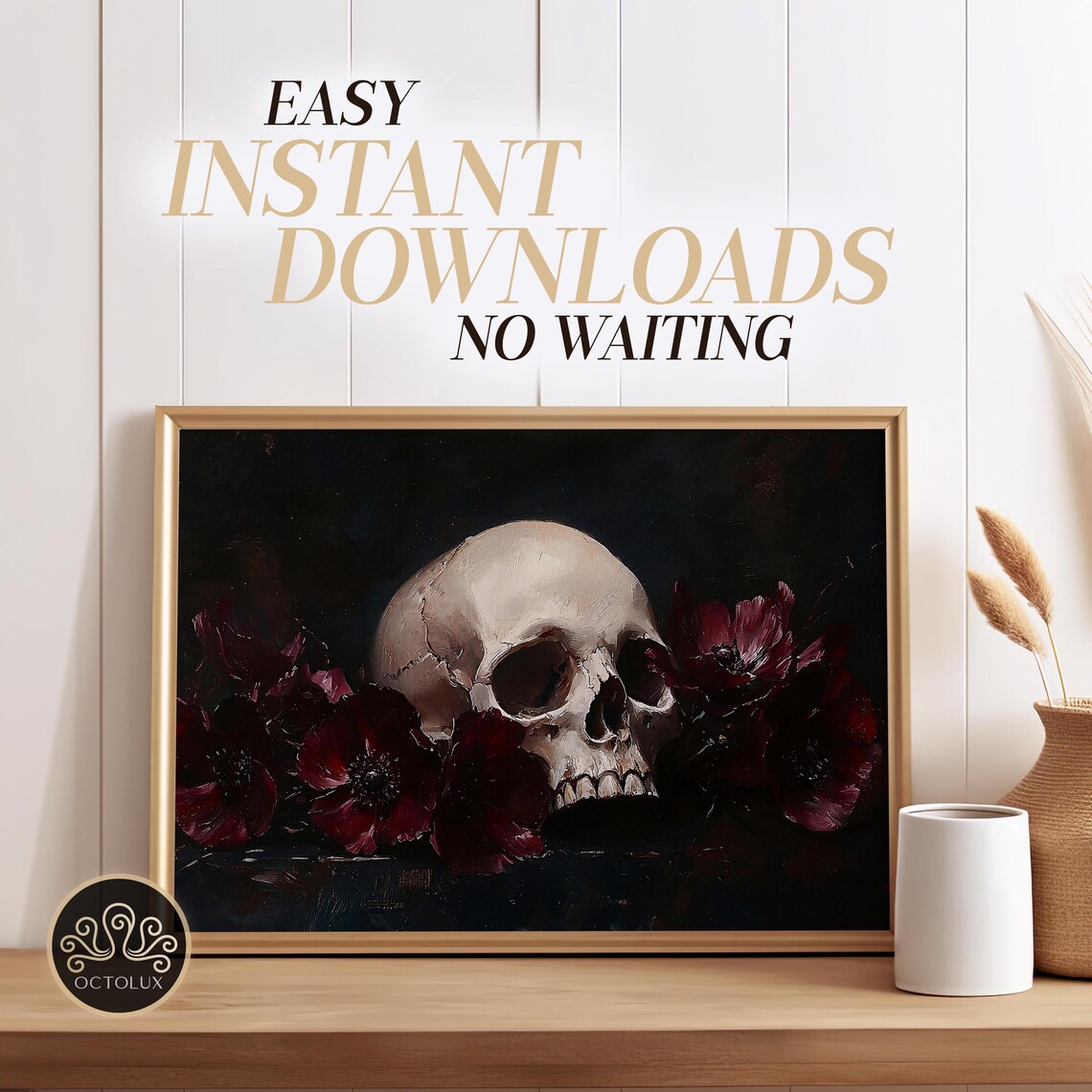 Gothic Skull With Dark Burgundy Flowers Moody Vintage Oil Painting Wall Art - Image 3