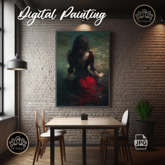 Woman Of The Lake Dark Gothic Red Dress Moonlit Water Dark Academia Wall Art