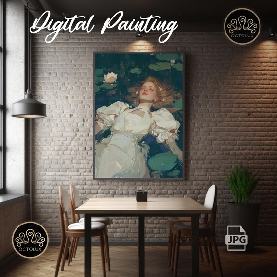 Floating Woman In White Dress Water Lily Pond Impressionist Art Print Poster