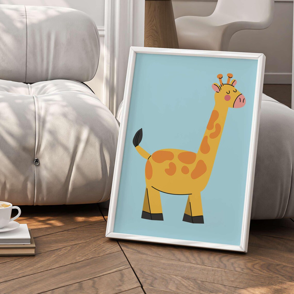 Smiling Cute Giraffe Cartoon Blue Background Kids Room Poster