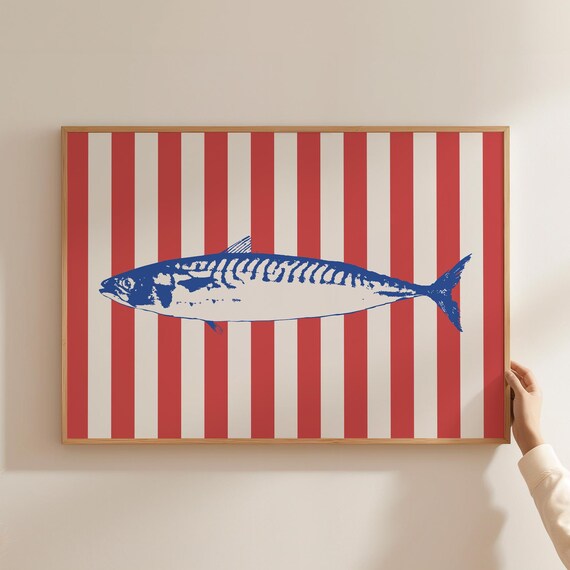 Vintage Fish Print Seafood Poster Coastal Wall Art Nautical Striped Decor Kitchen Mediterranean Home