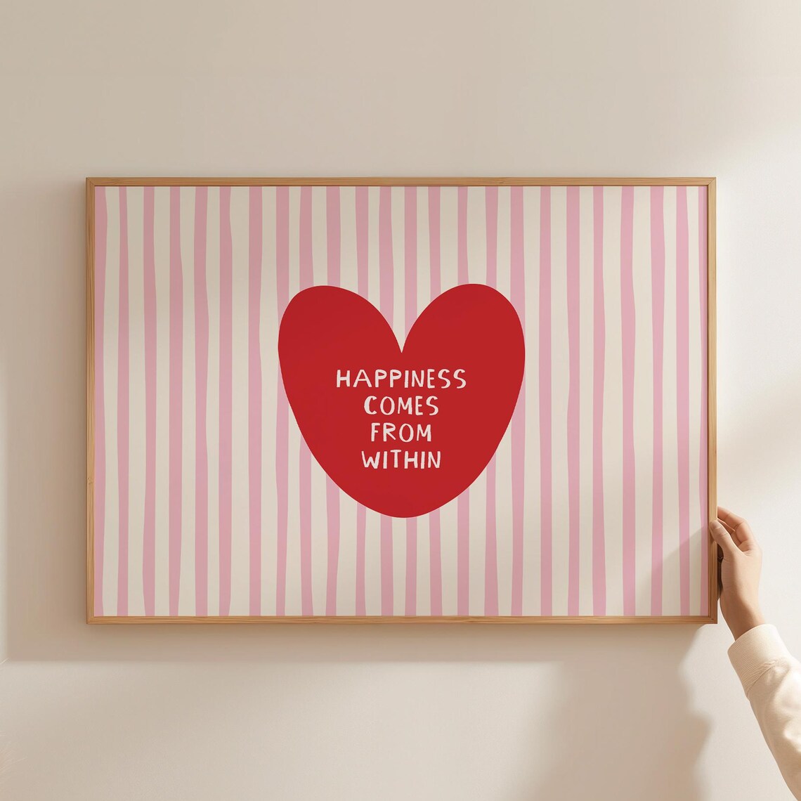 Happiness Comes From Within Big Red Heart Pink Stripe Wall Art