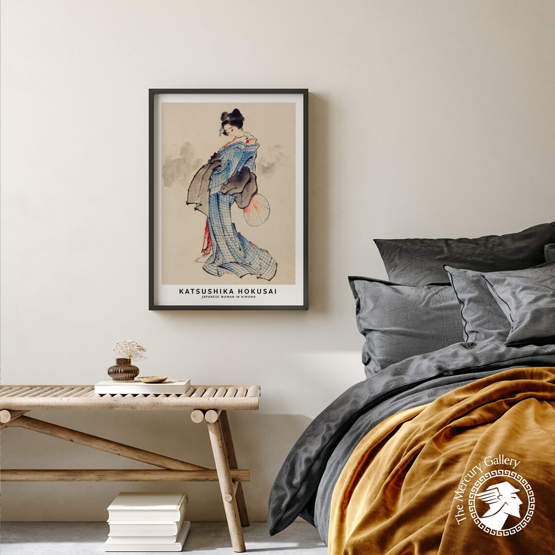 Katsushika Hokusai Woman in Blue Checkered Kimono Parasol Ukiyo E Art Poster - Image 3