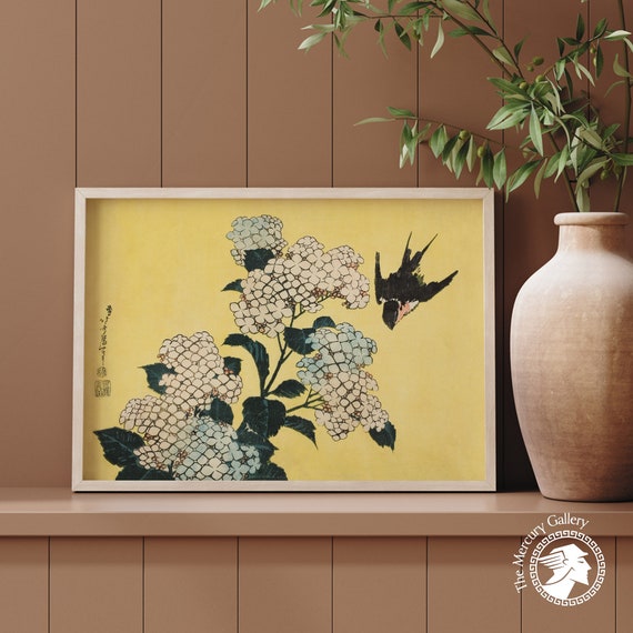 Japanese Woodblock Yellow Flowers and Swallow Art Print
