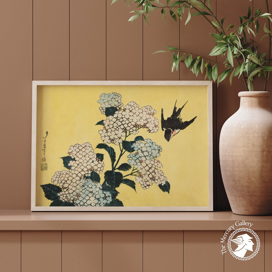 Japanese Woodblock Yellow Flowers and Swallow Art Print