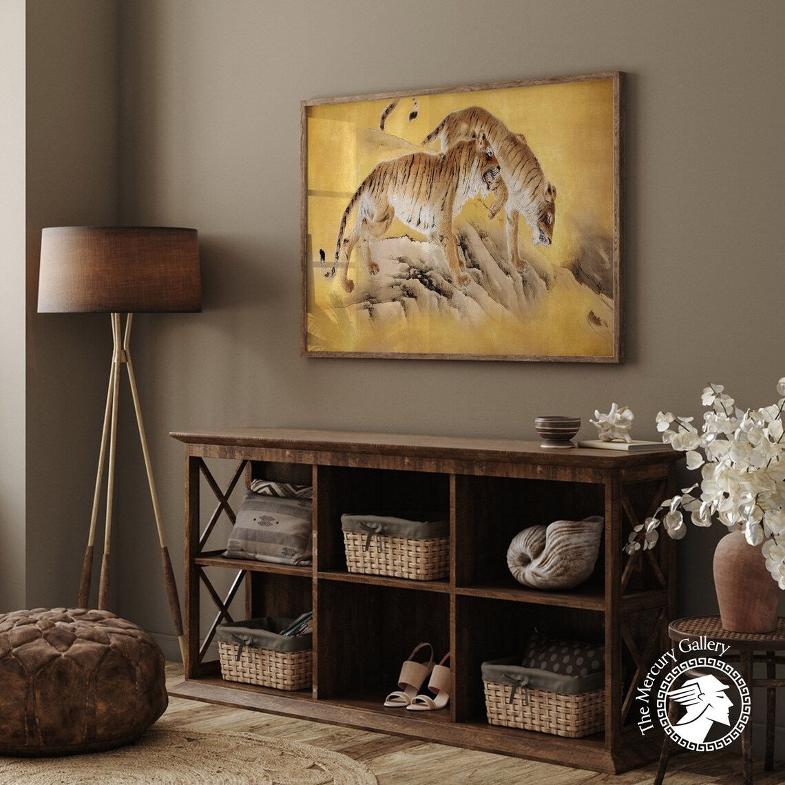 Two Tigers On Gold Leaf Rock Antique Japanese Tiger Wildlife Art Print - Image 2