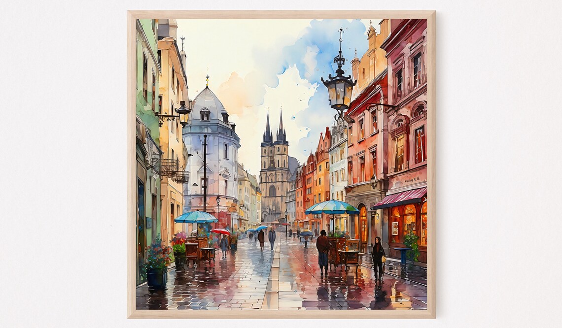 Prague Old Town Watercolor Painting Wet Street Cafes Market Poster