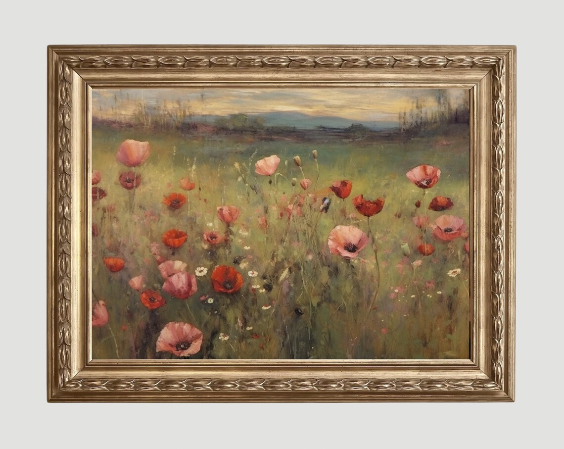 Poppies Oil Painting Vintage Landscape Wall Art Vintage Flower Field Print Antique Decor Floral Art 369