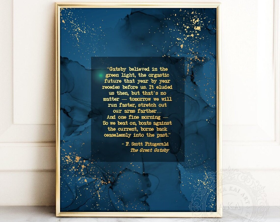 Green Light Great Gatsby Quote Teal Watercolor Literary Wall Art