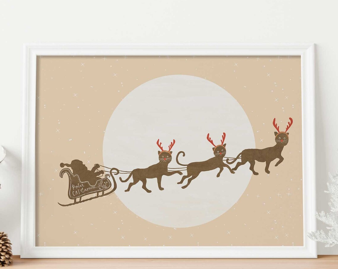 Christmas Cat Print, Neutral Reindeer Decor Art Print