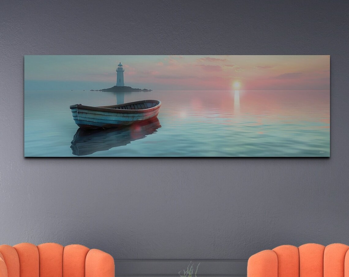 Wooden Rowboat on Calm Water With a Distant Lighthouse Panoramic Poster