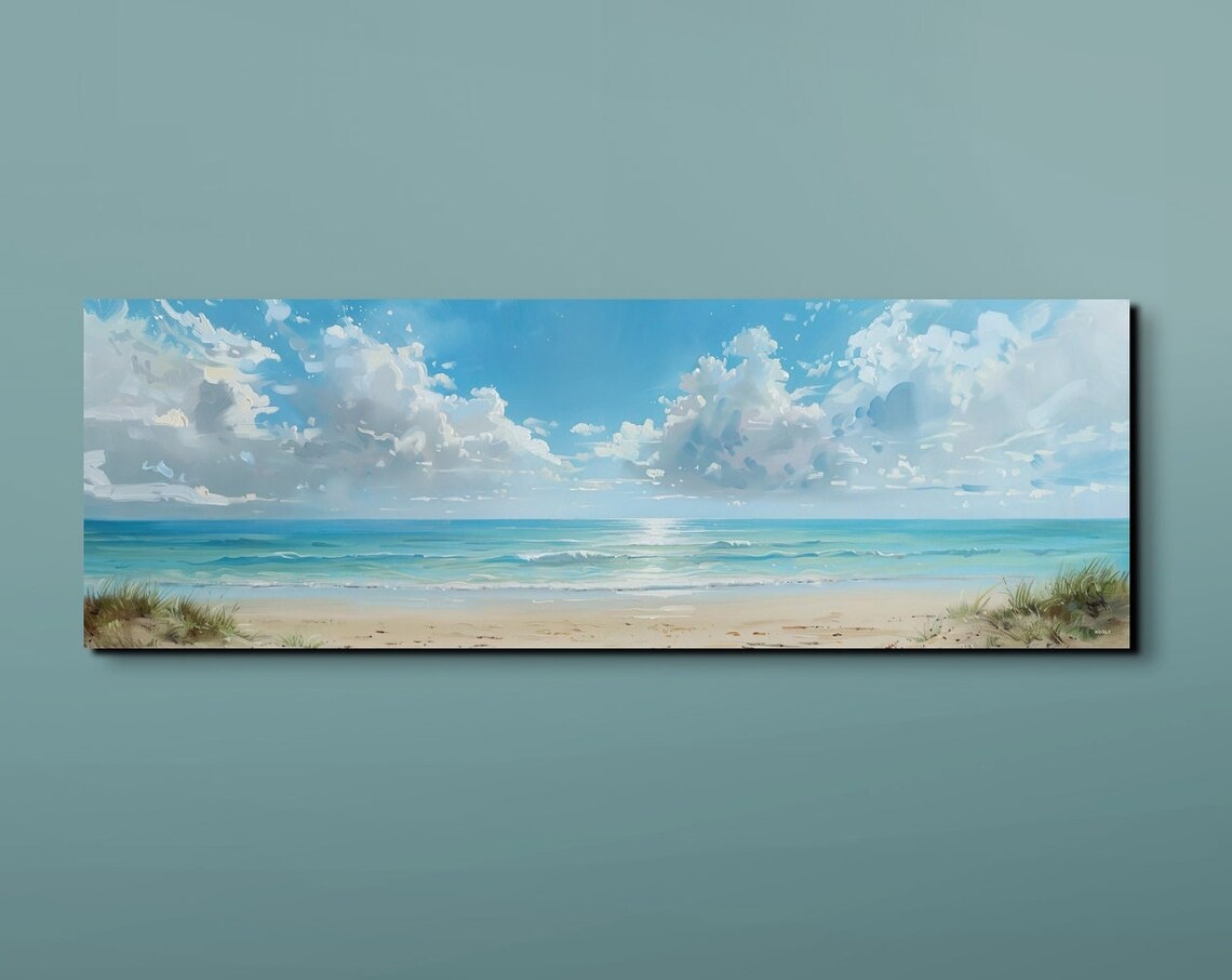 Peaceful Serene Coastal Beach Painting with White Clouds Poster