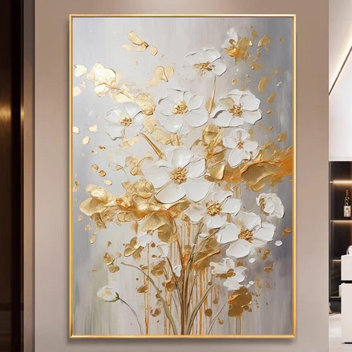 White Blossom Flowers Gold Leaves Textured Vertical Floral Poster
