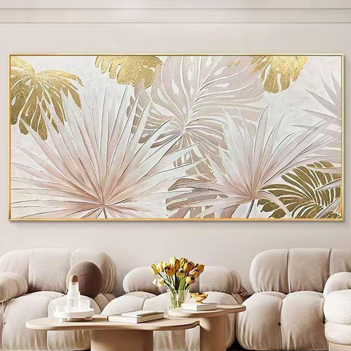 Gold Silver Tropical Palm Leaves Horizontal Textured Botanical Poster