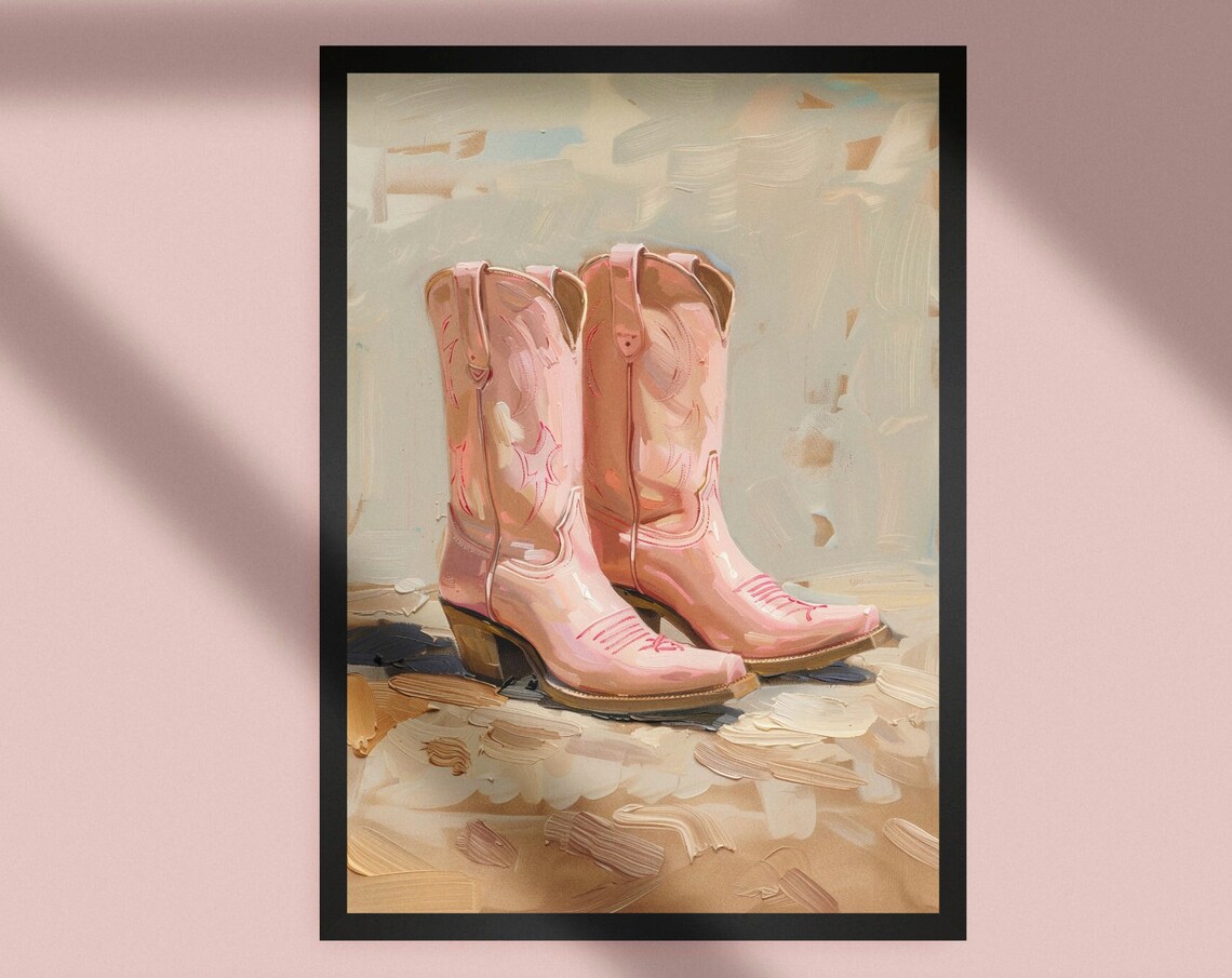 Pink Cowboy Boots Vintage Oil Painting Western Coquette Room Art Poster