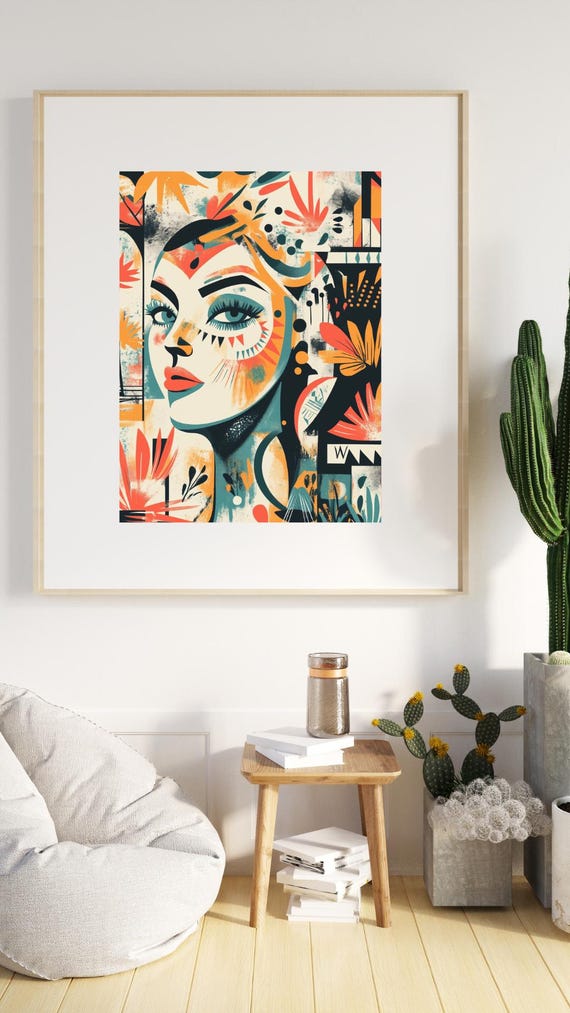 Bold Retro Boho Woman Wall Art Abstract Floral Mid Century Modern Print Colorful Feminine Decor