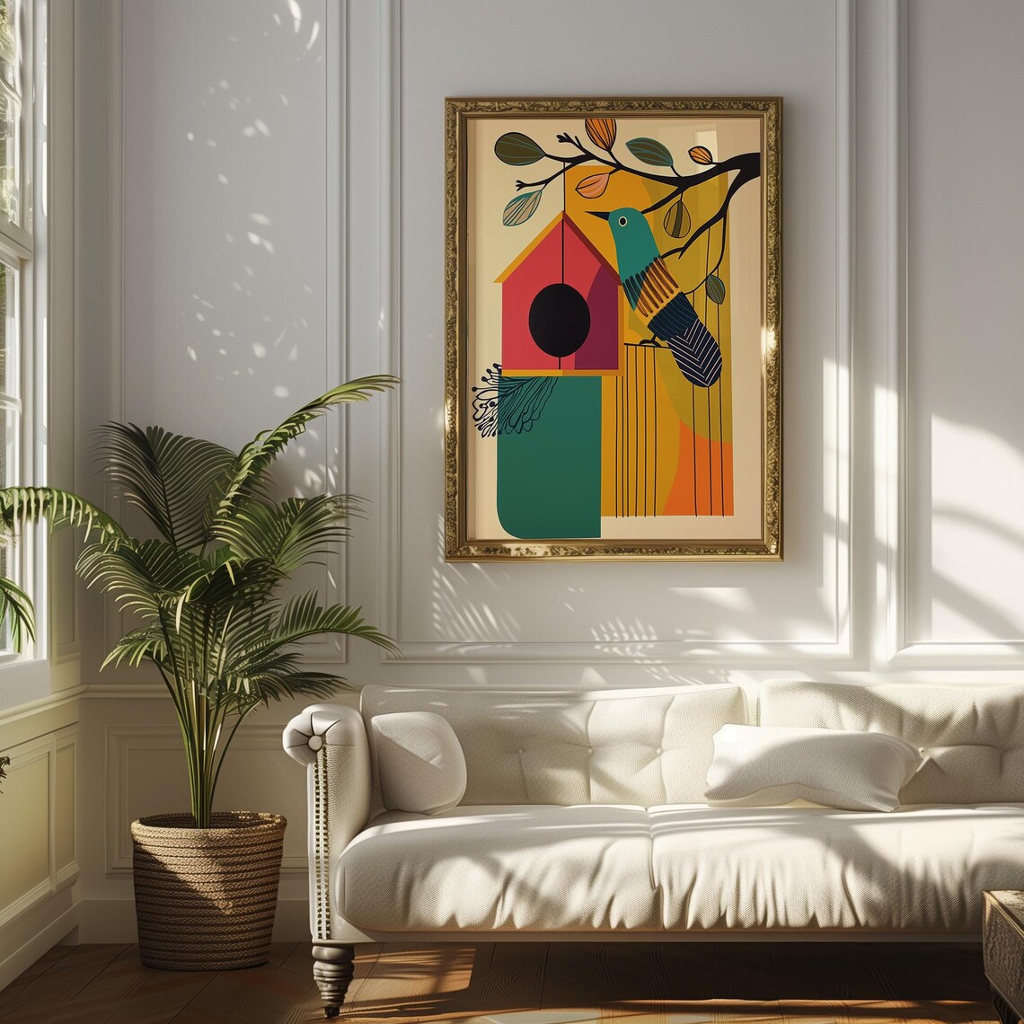 Mid Century Birdhouse Teal Bird Geometric Retro Nature Art Poster - Image 4